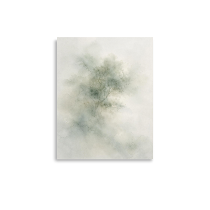 Minimalist watercolor-inspired artwork with a softly emerging tree form and subtle neutral tones.