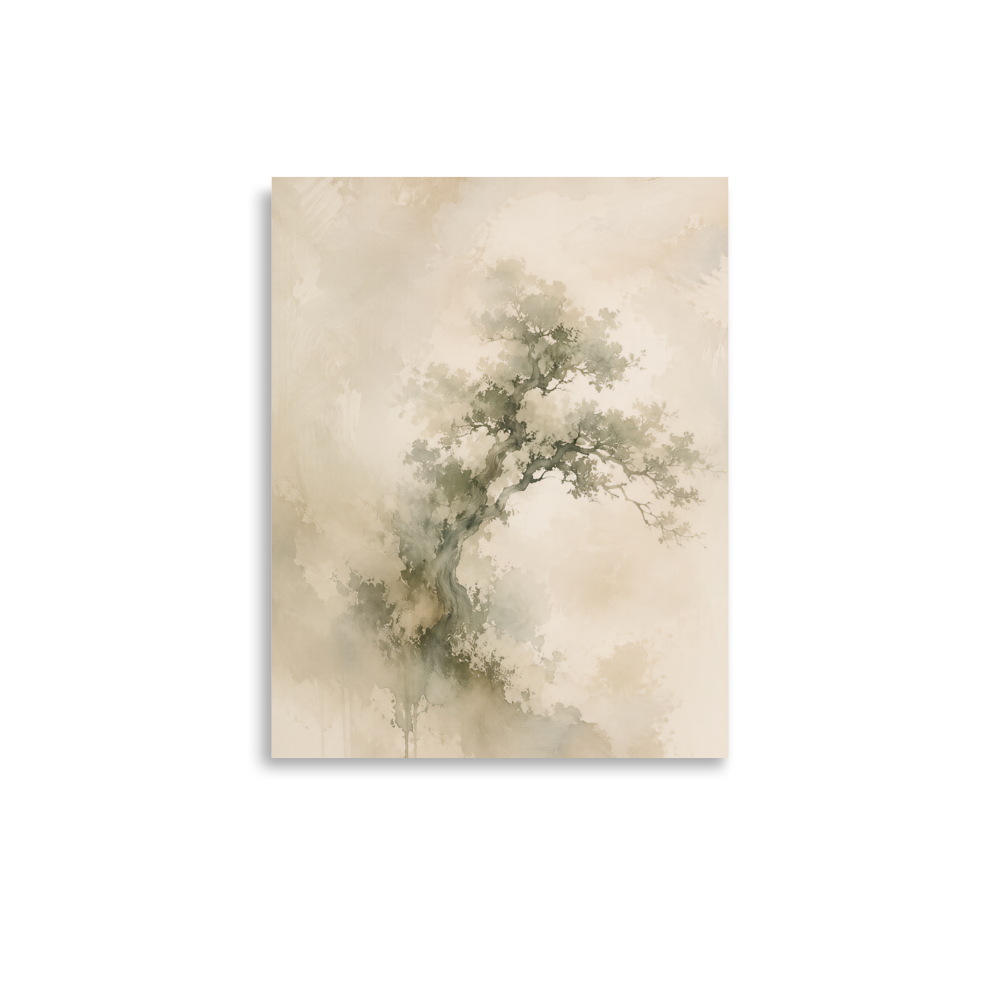 Minimalist nature-inspired poster featuring an emerging tree form in soft earthy neutral tones.