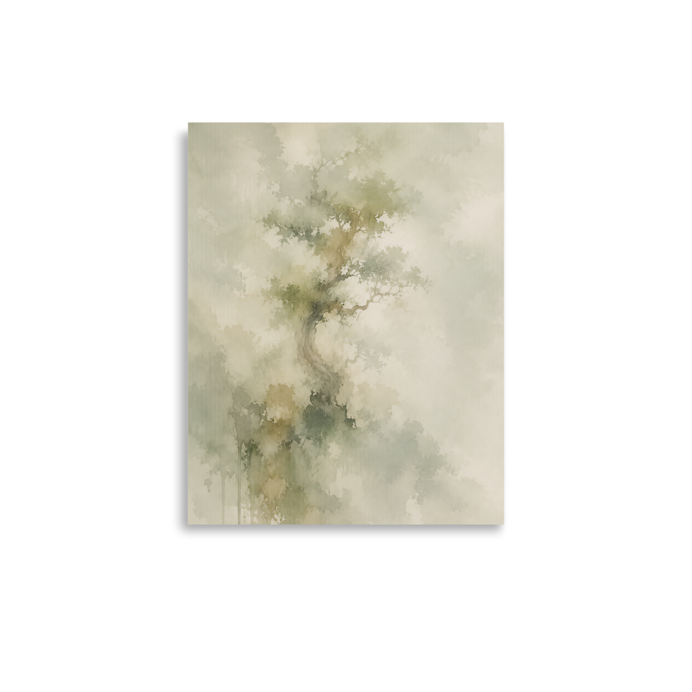 Minimalist nature-inspired poster featuring a softly emerging tree form in muted neutral tones and organic watercolor textures.