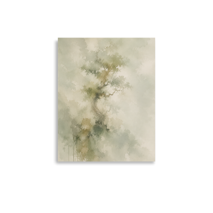 Minimalist nature-inspired poster featuring a softly emerging tree form in muted neutral tones and organic watercolor textures.