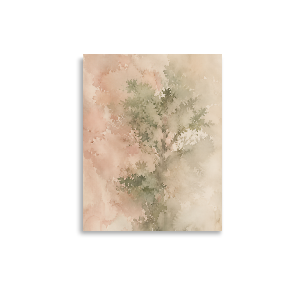 Minimalist nature-inspired poster featuring a softly emerging tree form in blush, sage, and warm neutral tones.