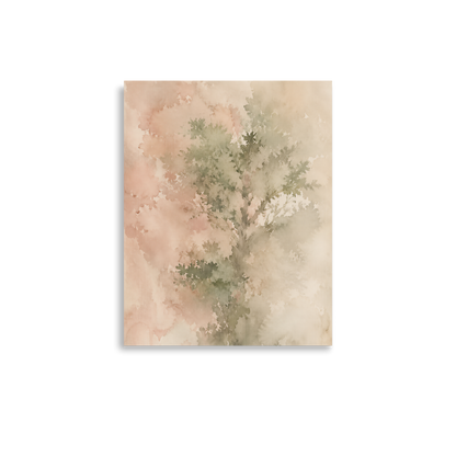 Minimalist nature-inspired poster featuring a softly emerging tree form in blush, sage, and warm neutral tones.