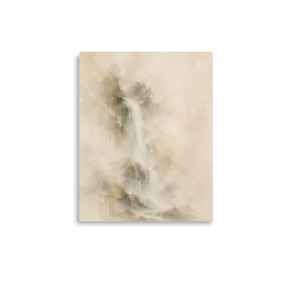 Minimalist waterfall-inspired poster featuring soft flowing forms in warm neutral and muted earth tones.