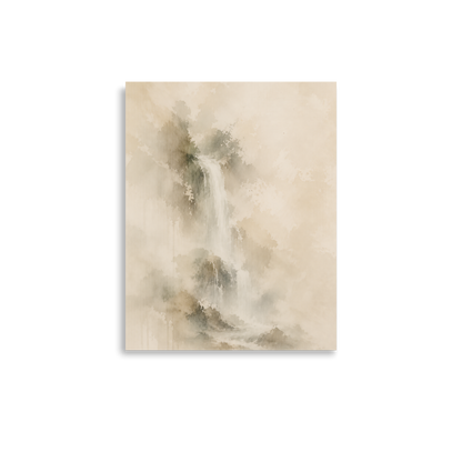 Minimalist waterfall-inspired poster featuring soft flowing forms in warm neutral and muted earth tones.