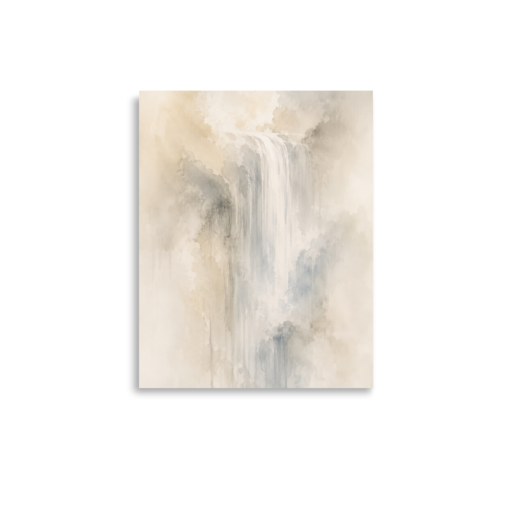 Minimalist waterfall-inspired poster with soft flowing forms in warm neutrals, misty blues, and subtle organic textures.
