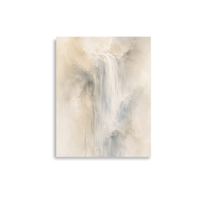Minimalist waterfall-inspired poster with soft flowing forms in warm neutrals, misty blues, and subtle organic textures.