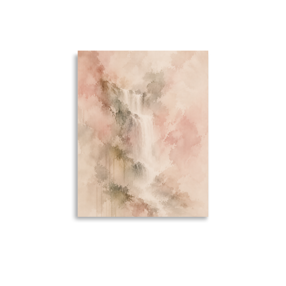 Minimalist waterfall-inspired poster featuring soft flowing forms in blush, warm neutral, and muted earth tones.