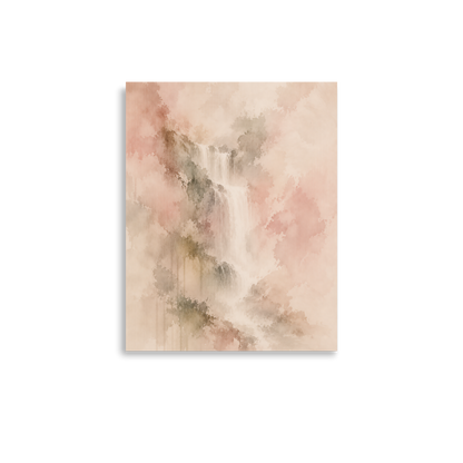 Minimalist waterfall-inspired poster featuring soft flowing forms in blush, warm neutral, and muted earth tones.