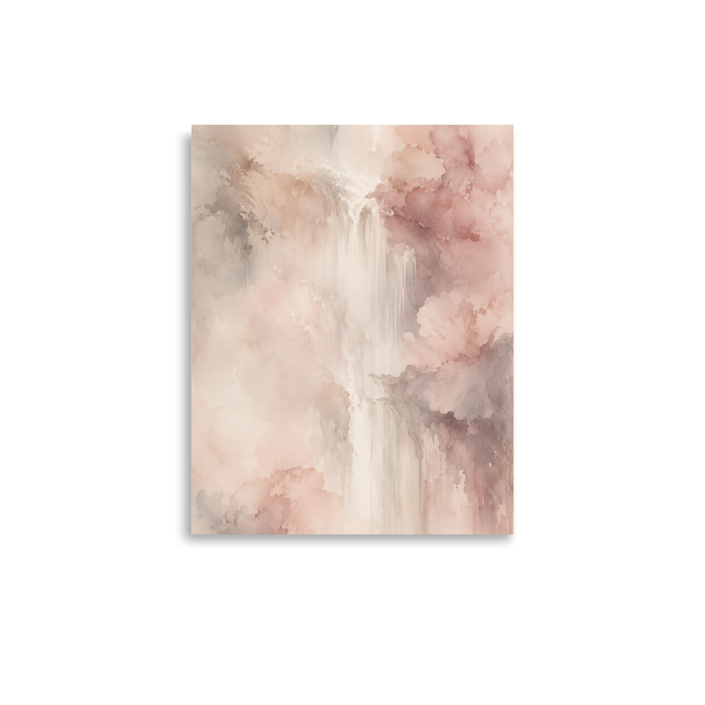 Minimalist waterfall-inspired poster featuring soft flowing forms in blush pink, warm neutrals, and muted earth tones.