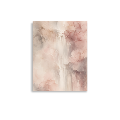 Minimalist waterfall-inspired poster featuring soft flowing forms in blush pink, warm neutrals, and muted earth tones.
