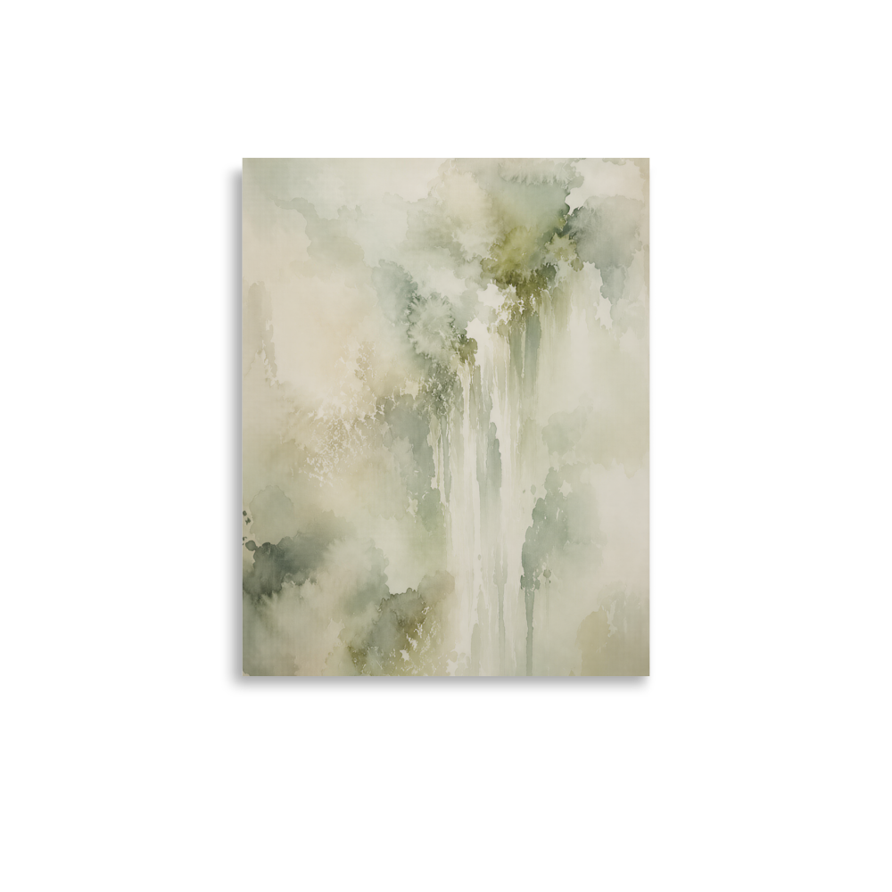 Minimalist waterfall-inspired poster featuring soft flowing forms in sage green, warm neutrals, and muted natural tones.