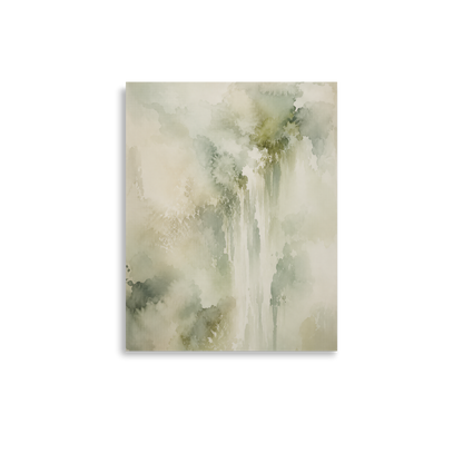 Minimalist waterfall-inspired poster featuring soft flowing forms in sage green, warm neutrals, and muted natural tones.
