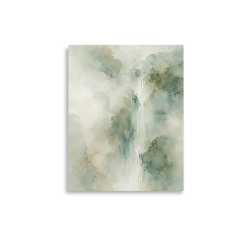 Minimalist waterfall-inspired poster with soft sage green tones, flowing water, and organic watercolor textures.