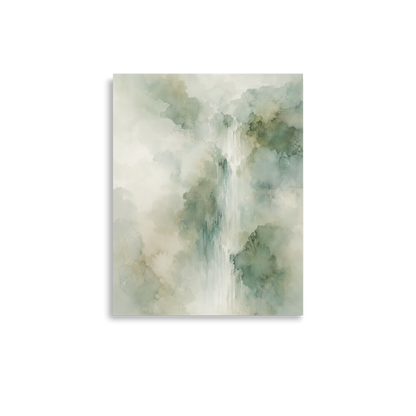 Minimalist waterfall-inspired poster with soft sage green tones, flowing water, and organic watercolor textures.