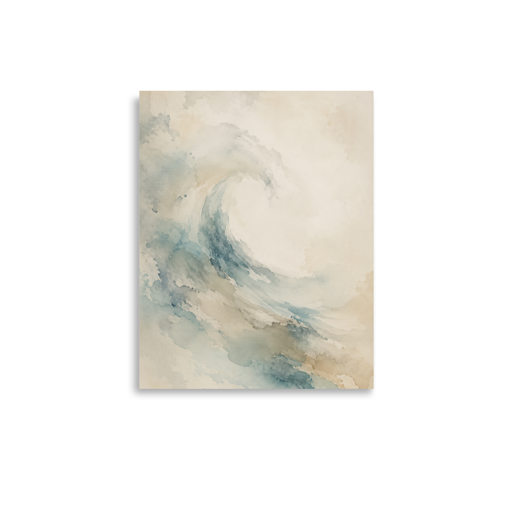 Minimalist ocean wave-inspired poster with flowing watercolor textures in soft blue, sand, and warm neutral tones.