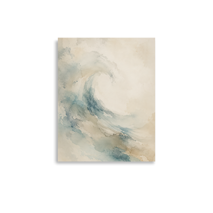 Minimalist ocean wave-inspired poster with flowing watercolor textures in soft blue, sand, and warm neutral tones.