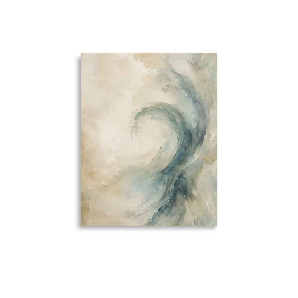 Minimalist ocean wave-inspired poster with flowing watercolor textures in soft blue, ivory, and warm neutral tones.
