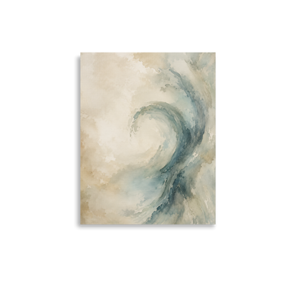 Minimalist ocean wave-inspired poster with flowing watercolor textures in soft blue, ivory, and warm neutral tones.