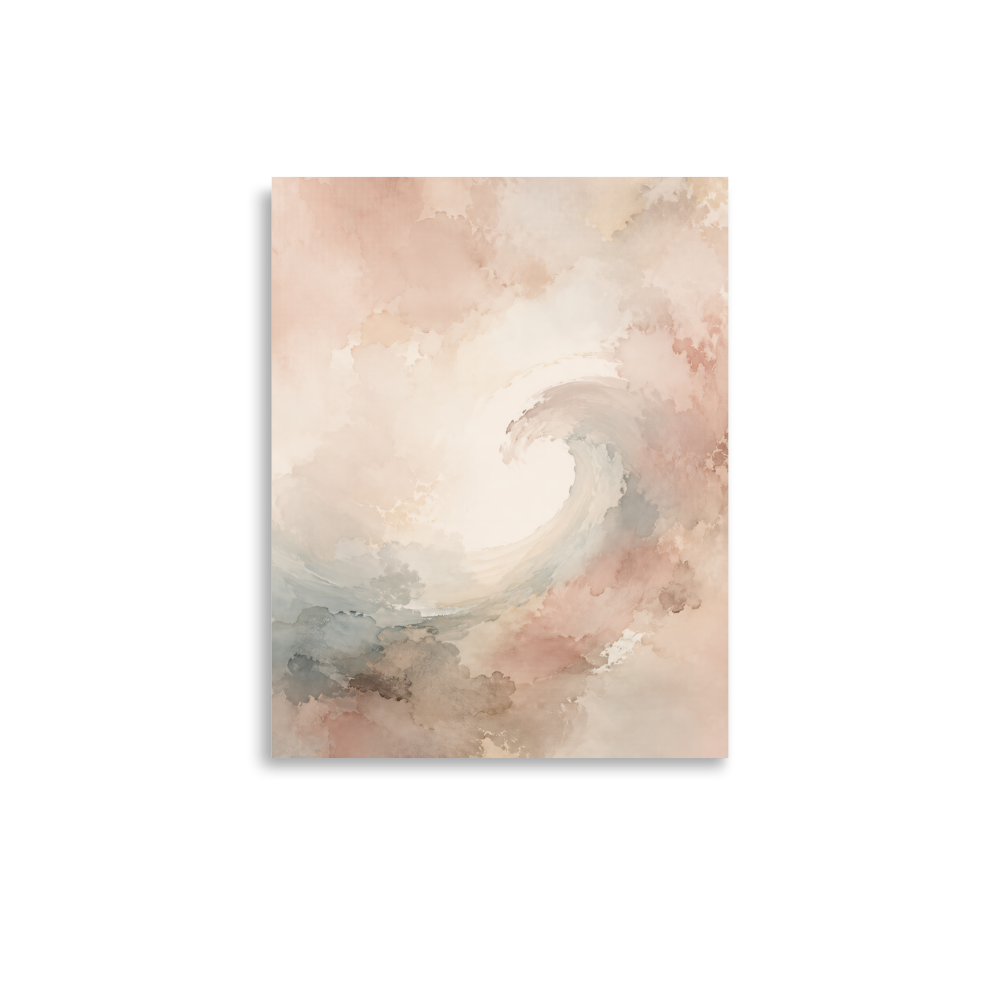 Minimalist ocean wave-inspired poster with flowing watercolor textures in blush, soft blue, and warm neutral tones.