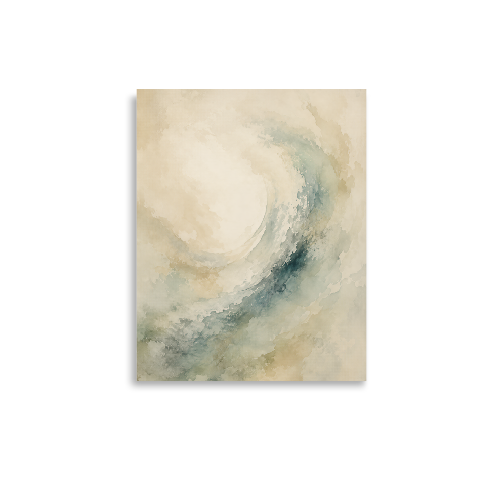 Minimalist ocean wave-inspired poster with flowing watercolor textures in soft blue, sage, and warm neutral tones.