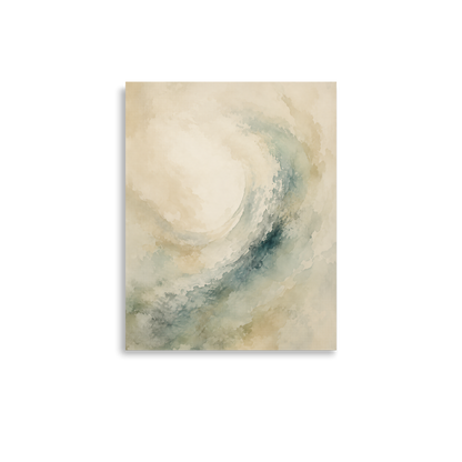 Minimalist ocean wave-inspired poster with flowing watercolor textures in soft blue, sage, and warm neutral tones.