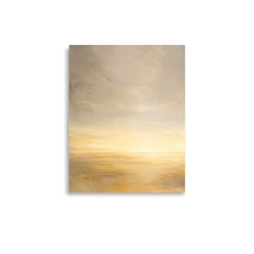 Minimalist sunrise poster featuring a glowing ocean horizon with soft watercolor textures in warm gold, ivory, and neutral tones.