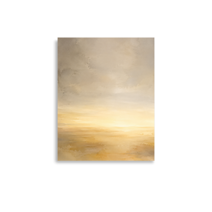Minimalist sunrise poster featuring a glowing ocean horizon with soft watercolor textures in warm gold, ivory, and neutral tones.