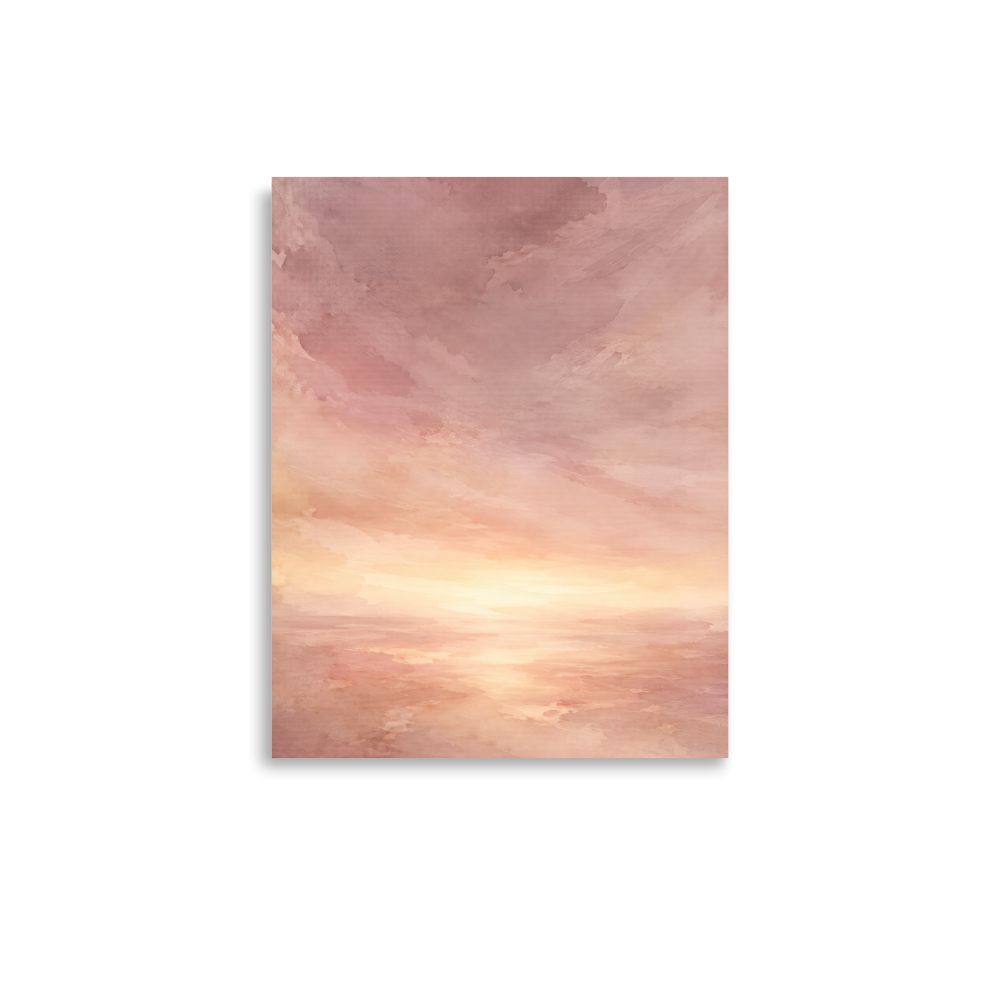 Minimalist sunrise poster with a glowing blush ocean horizon and soft watercolor textures in pink, peach, and warm neutral tones.