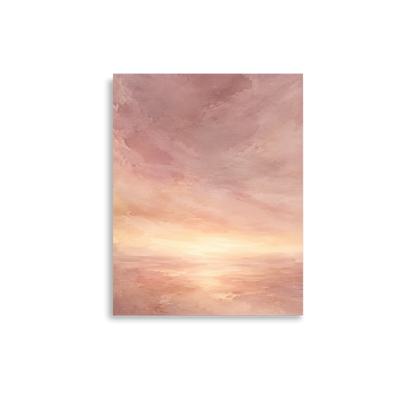 Minimalist sunrise poster with a glowing blush ocean horizon and soft watercolor textures in pink, peach, and warm neutral tones.