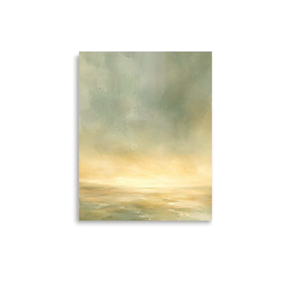 Minimalist sunrise poster featuring a glowing ocean horizon with soft sage green, warm gold, and watercolor textures.