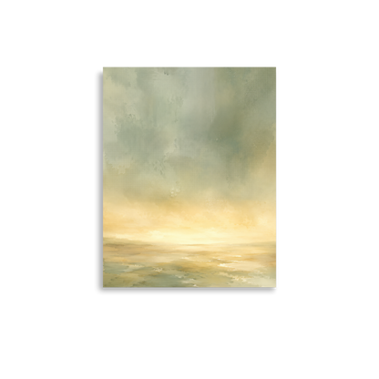Minimalist sunrise poster featuring a glowing ocean horizon with soft sage green, warm gold, and watercolor textures.