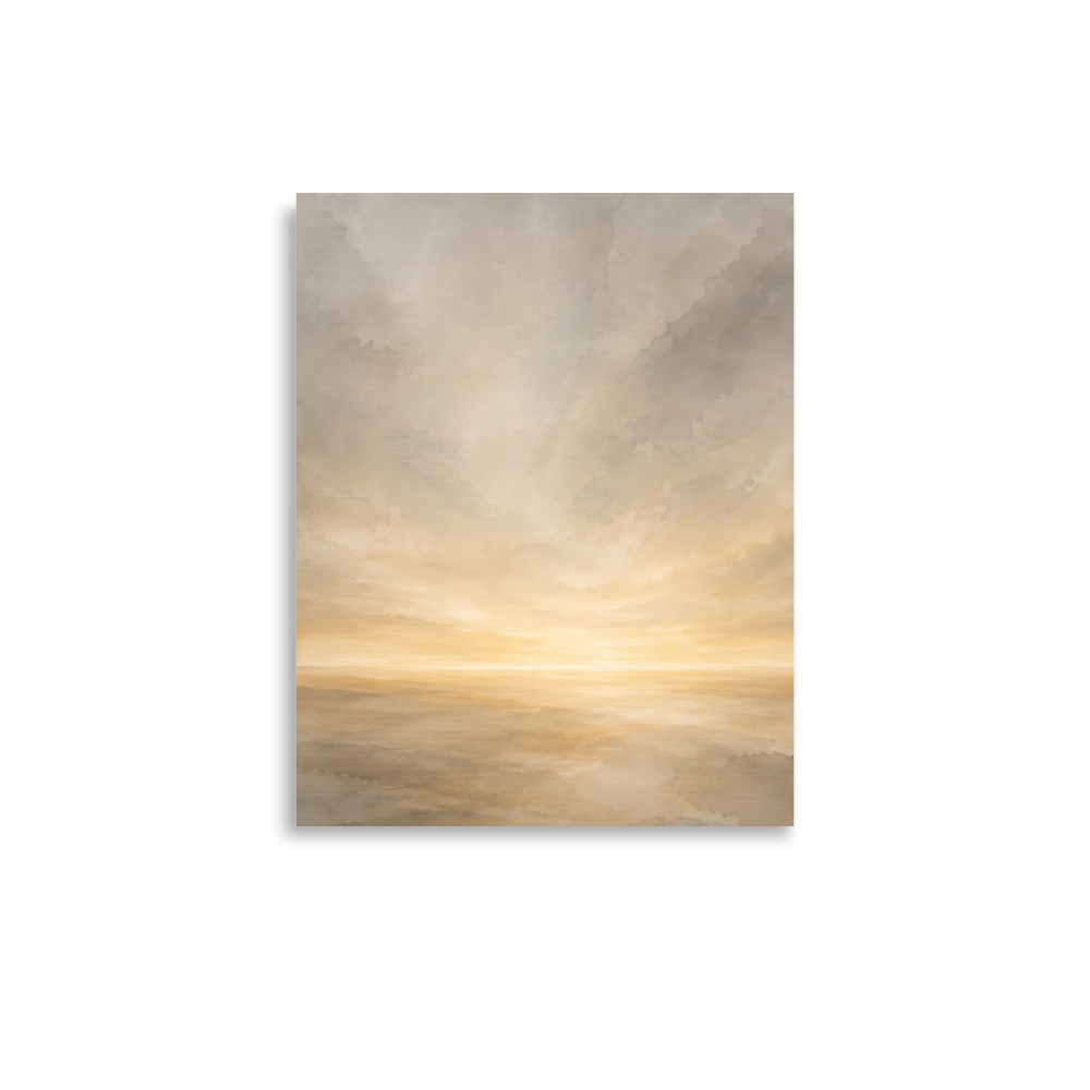 Minimalist sunrise poster featuring a glowing ocean horizon with soft neutral watercolor textures in ivory, beige, and warm gold.