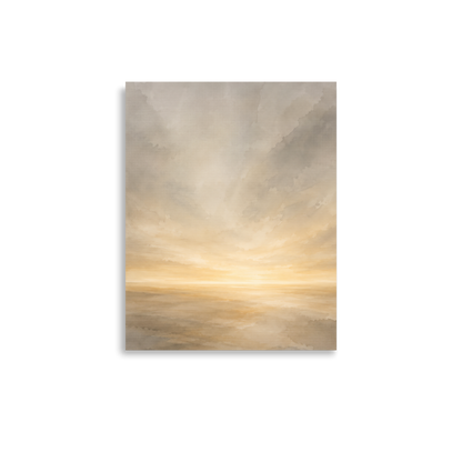 Minimalist sunrise poster featuring a glowing ocean horizon with soft neutral watercolor textures in ivory, beige, and warm gold.
