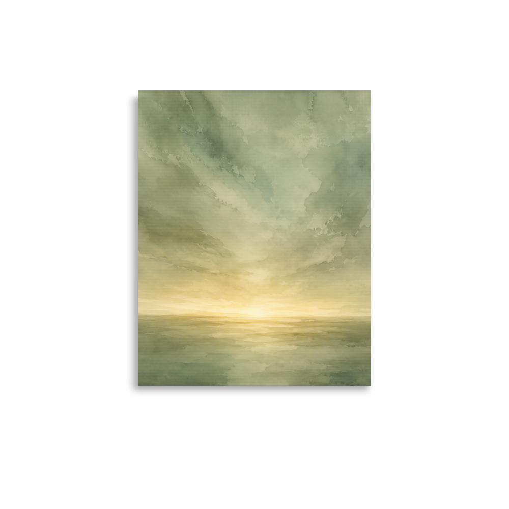 Minimalist sunrise poster featuring a glowing ocean horizon with soft sage green watercolor textures and warm golden light.