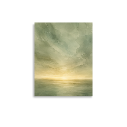 Minimalist sunrise poster featuring a glowing ocean horizon with soft sage green watercolor textures and warm golden light.