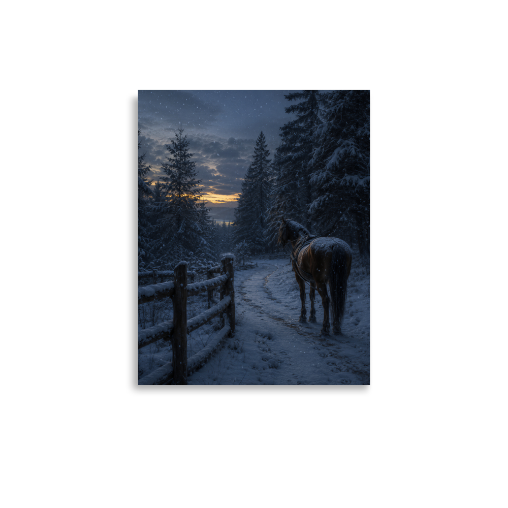 Winter forest poster with a lone horse on a snowy path at dusk, inspired by Robert Frost's Miles to go, original Visual Poetry artwork.