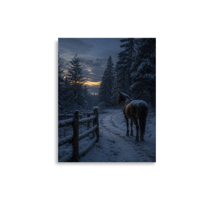 Winter forest poster with a lone horse on a snowy path at dusk, inspired by Robert Frost's Miles to go, original Visual Poetry artwork.