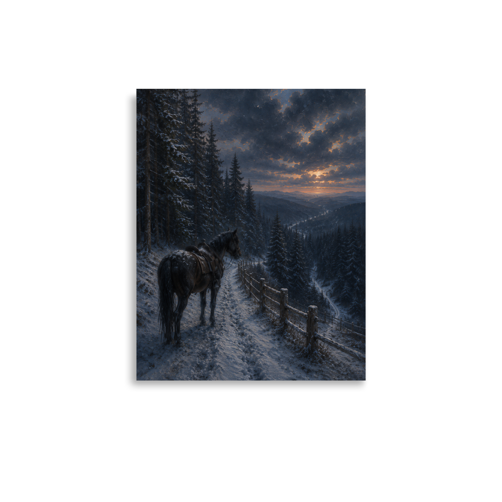 Mountain trail poster with a lone horse on a snowy winter path at sunset, inspired by Robert Frost’s The Road Not Taken, original Visual Poetry artwork.