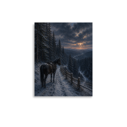 Mountain trail poster with a lone horse on a snowy winter path at sunset, inspired by Robert Frost’s The Road Not Taken, original Visual Poetry artwork.