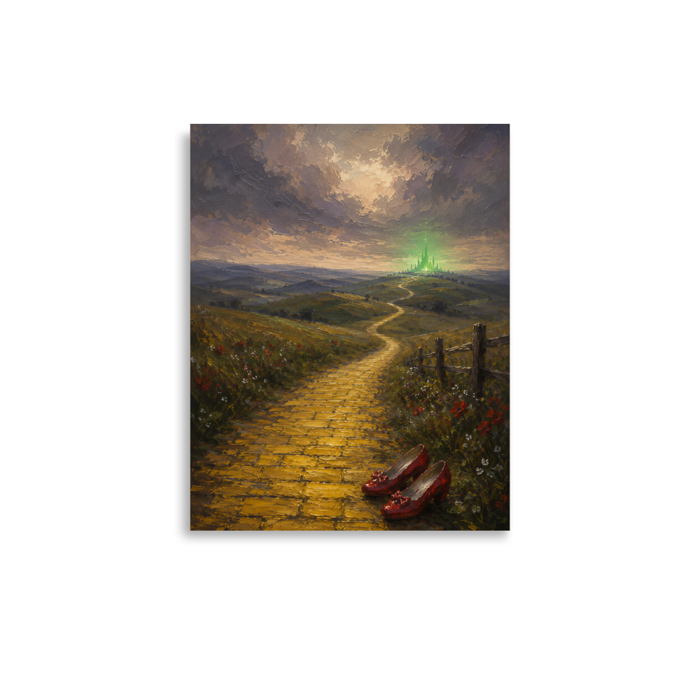 Yellow Brick Road poster featuring ruby slippers beside a winding golden path leading toward a distant emerald city, inspired by There's No Place Like Home, original Visual Poetry artwork.