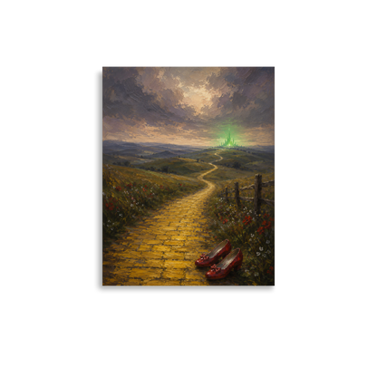 Yellow Brick Road poster featuring ruby slippers beside a winding golden path leading toward a distant emerald city, inspired by There's No Place Like Home, original Visual Poetry artwork.