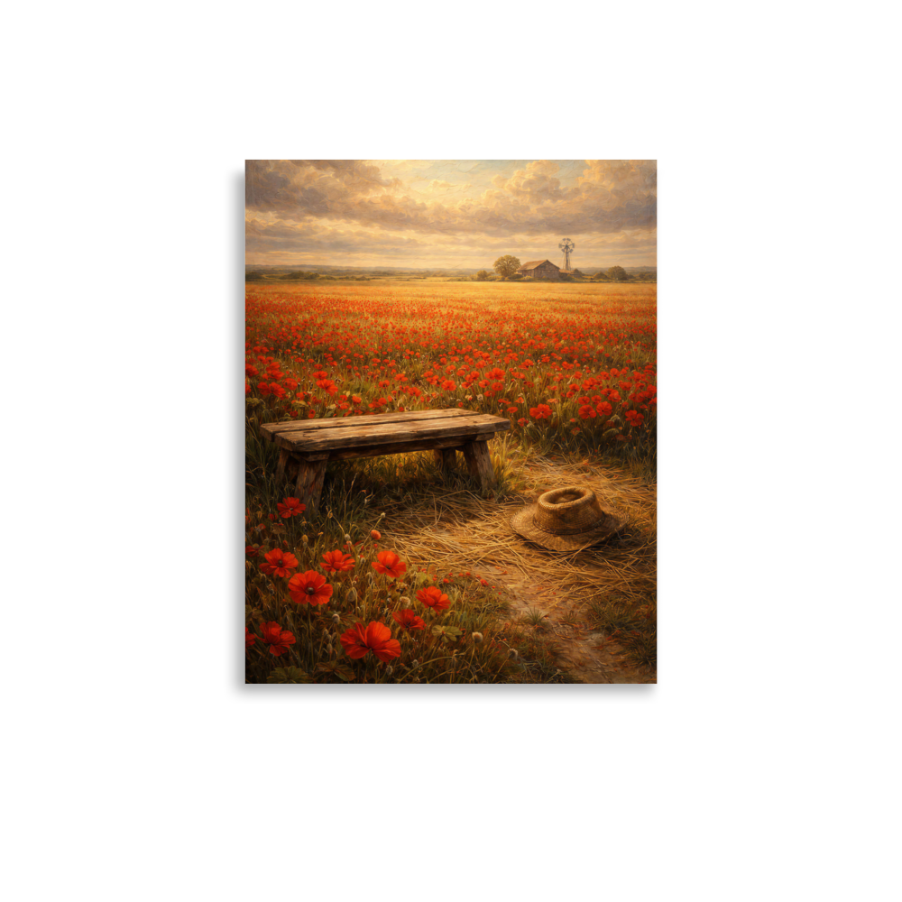Poppy Field poster featuring a rustic bench, straw hat, and a vast field of red poppies beneath a glowing countryside sky, inspired by The Deadly Poppy Field, original Visual Poetry artwork.