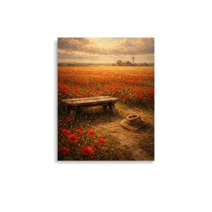 Poppy Field poster featuring a rustic bench, straw hat, and a vast field of red poppies beneath a glowing countryside sky, inspired by The Deadly Poppy Field, original Visual Poetry artwork.