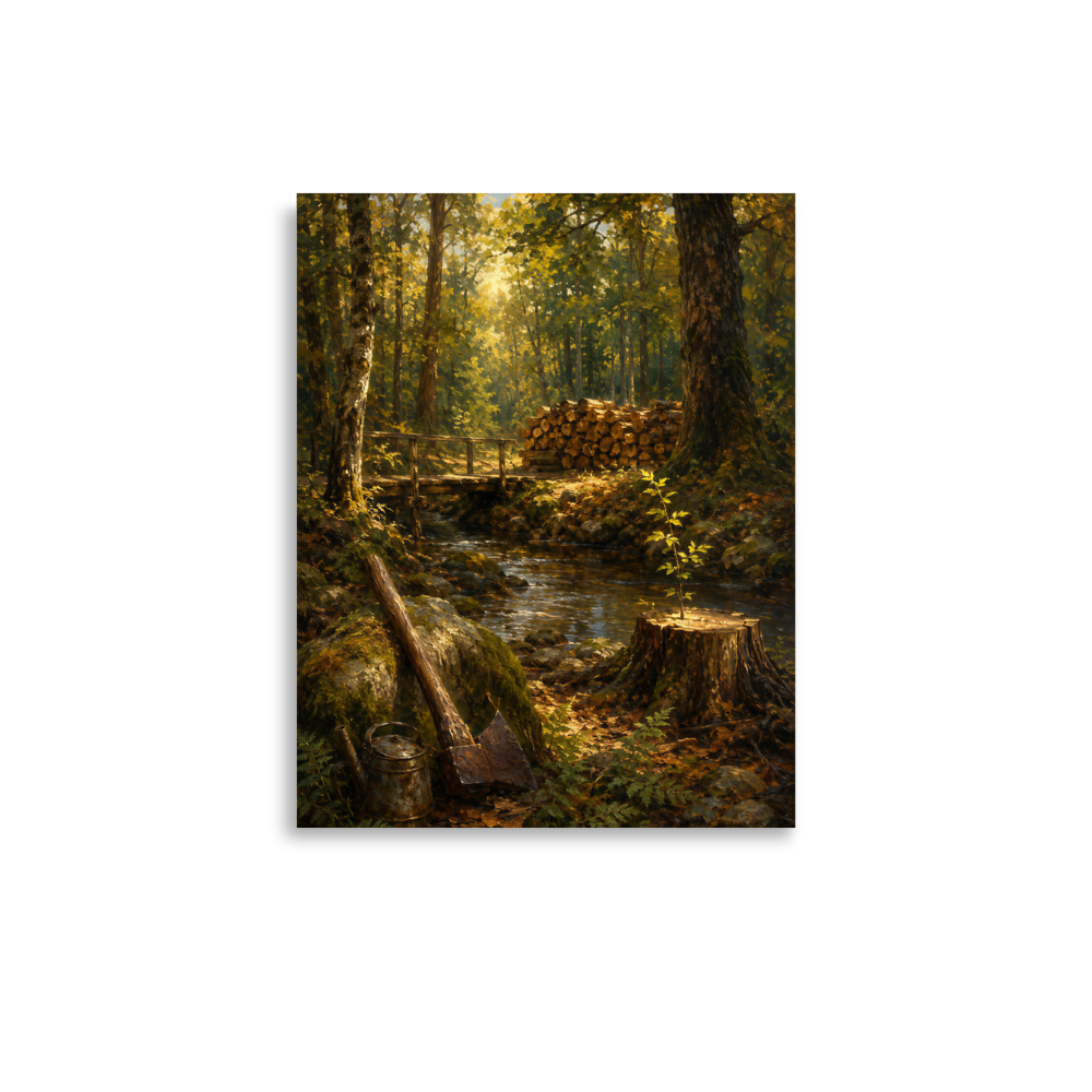 Forest Clearing poster featuring a woodland stream, rustic bridge, axe, stacked firewood, and a young sapling growing from a tree stump, inspired by Follow the Yellow Brick Road, original Visual Poetry artwork.