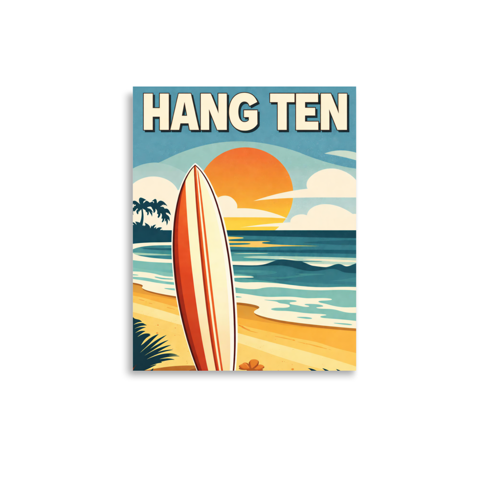 Hang Ten vintage surf poster with surfboard and California sunset beach scene
