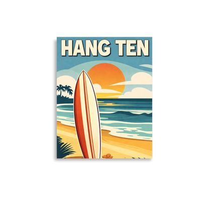 Hang Ten vintage surf poster with surfboard and California sunset beach scene