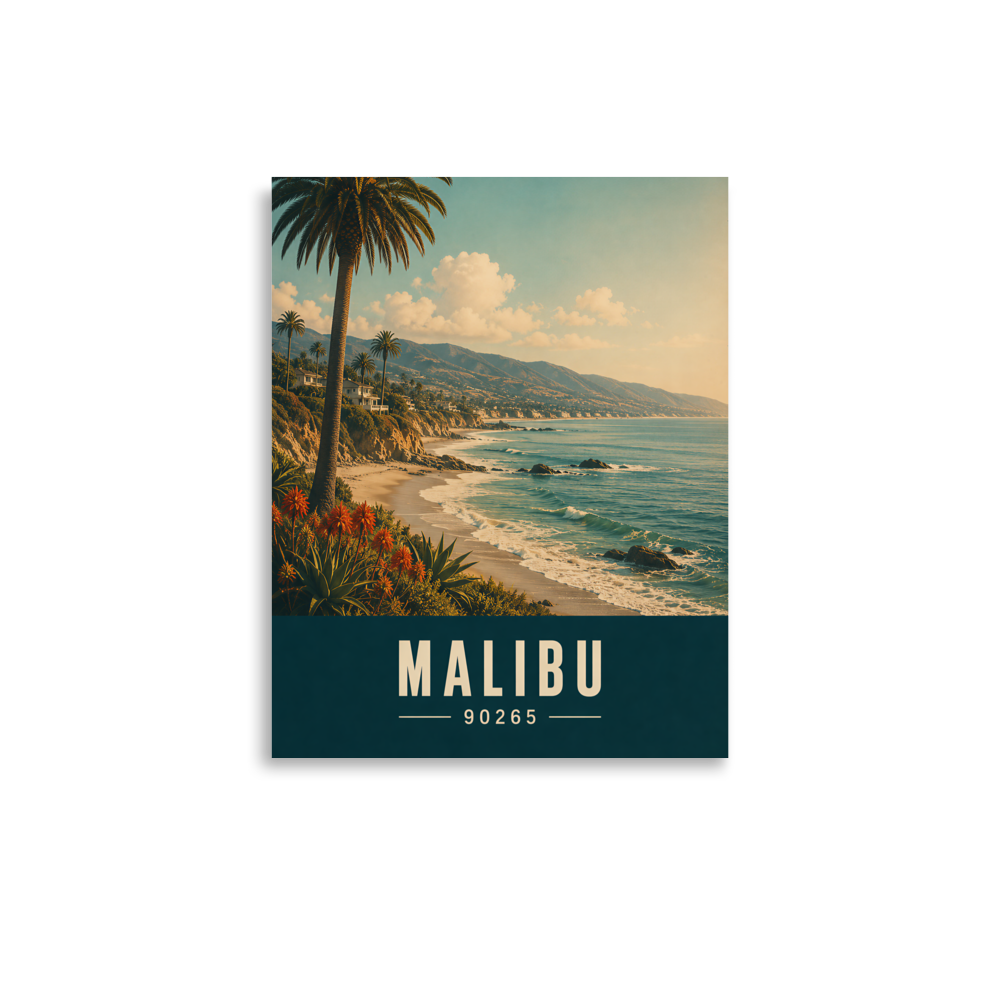 Retro Malibu California travel poster with palm tree and ocean cliff view, ZIP code 90265