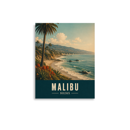 Retro Malibu California travel poster with palm tree and ocean cliff view, ZIP code 90265