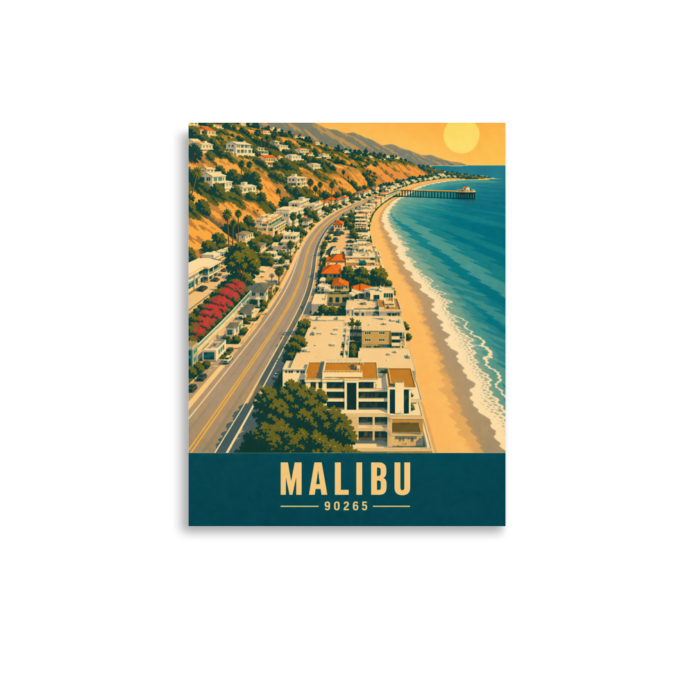 Aerial Malibu Pacific Coast Highway sunset poster with 90265 zip code