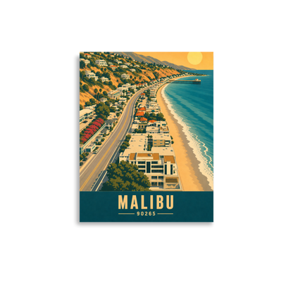Aerial Malibu Pacific Coast Highway sunset poster with 90265 zip code
